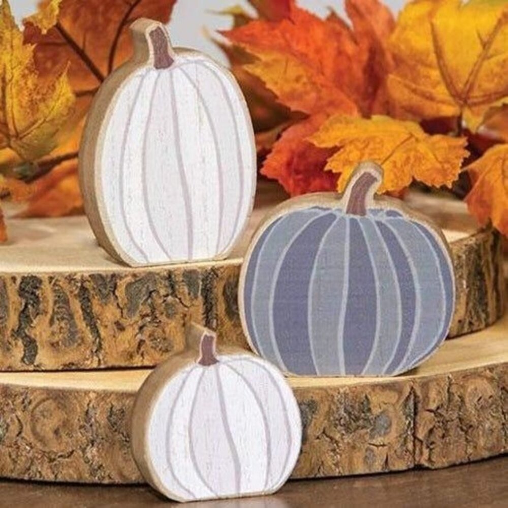 Wooden Pumpkins Decor Set - White & Gray - Fall Autumn Harvest Thanksgiving Tabl